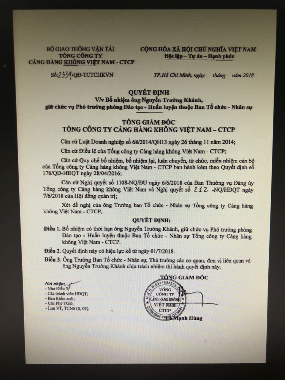 Một trong số 76 quyết định ký bổ nhiệm của Tổng công ty Cảng hàng không Việt Nam.