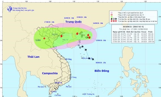 Đến 16 giờ ngày 15.8, vị trí tâm bão ở khoảng 21,4 độ Vĩ Bắc; 110,7 độ Kinh Đông, ngay trên vùng biển bán đảo Lôi Châu (Trung Quốc). Nguồn: