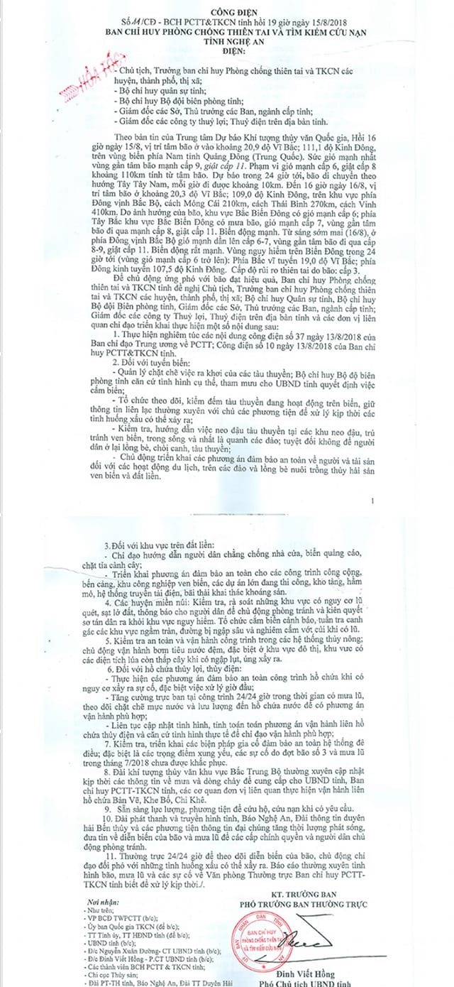 toàn văn công điện ứng phó với bão số 4 của tỉnh Nghệ An