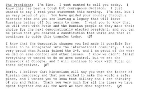 Bản chép cuộc điện thoại ông Clinton gọi Yeltsin ngày 31.12.1999, ngày cựu Tổng thống Nga từ chức.