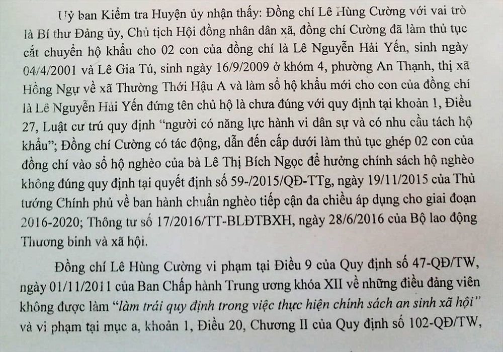 Nội dung nhận định của UBKT Huyện ủy Hồng Ngự về việc làm của ông Cường. Ảnh: Thanh Mai