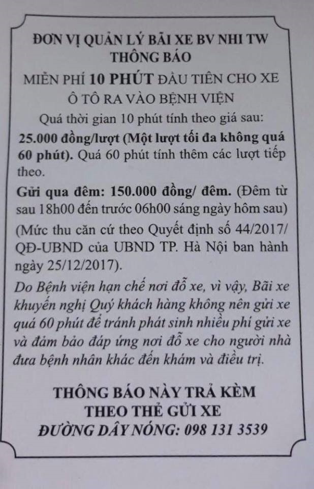 Thông báo của Bệnh viện Nhi Trung ương về việc trông giữ xe ô tô tại Bệnh viện