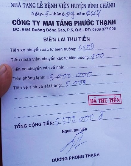 Phiếu thu tiền của nhà tang lễ 