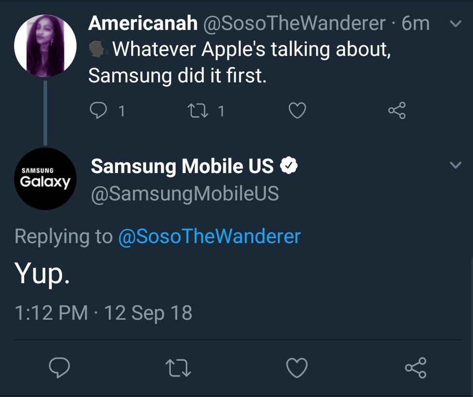Thậm chí, cư dân mạng còn cho rằng những cập nhật Apple nói tại sự kiện ra mắt iPhone vừa diễn ra, Samsung đều đã làm trước đó. Dù chỉ là ý kiến từ một người dùng cá nhân, nó cũng được trang Twitter Samsung Mobile tại Mỹ nhanh chóng tán thành.