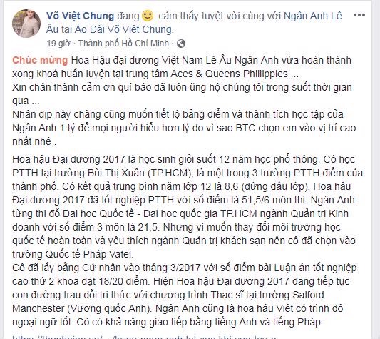 Bài đăng tải của NTK Võ Việt Chung. Ảnh: FBNV