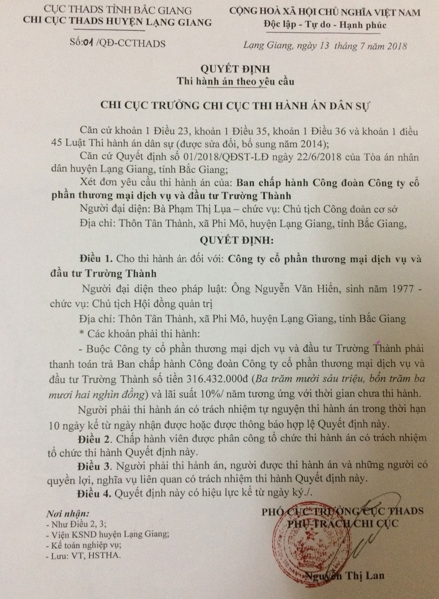 Mặc dù đã có quyết định thi hành án của Chi cục Thi hành án dân sự huyện Lạng Giang, nhưng NLĐ Cty Trường Thành đang đứng trước nguy cơ không nhận được những đồng tiền mồ hôi, nước mắt của mình. Ảnh: QUẾ CHI