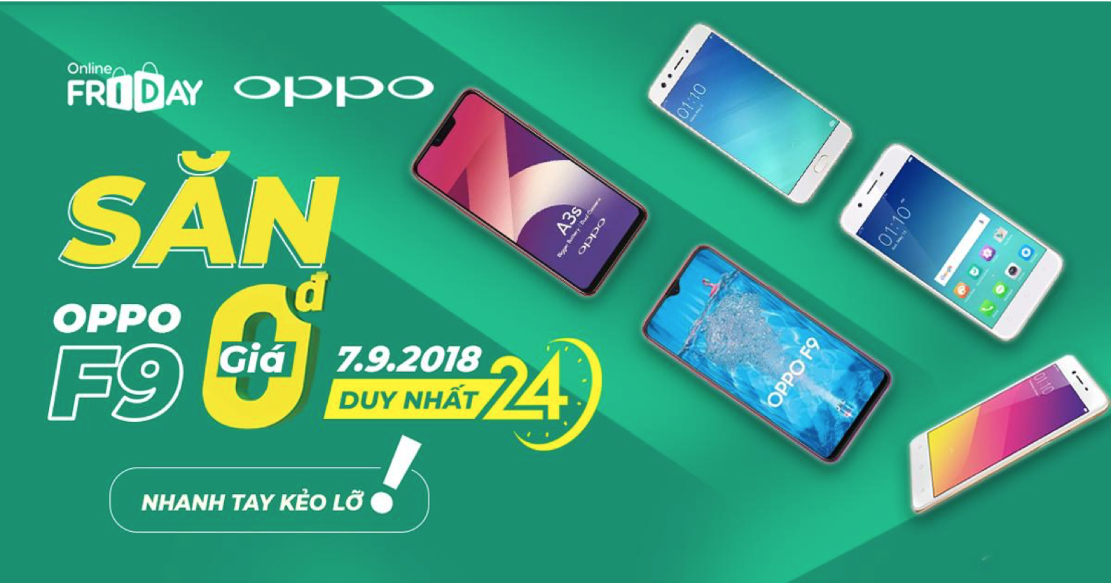 Duy nhất 5 điện thoại OPPO F9 với giá 0đ dành cho những người may mắn nhất.