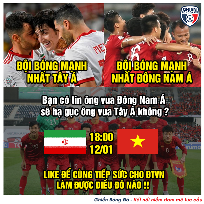 Các cổ động viên đang rất mong đợi màn đối đầu giữa Việt Nam và Iran vào tối 12.1. Sẽ thật tuyệt vời nếu đoàn quân của HLV Park Hang-seo tạo được bất ngờ trước đội bóng được đánh giá mạnh nhất Châu Á hiện tại. Ảnh Ghiền Bóng Đá