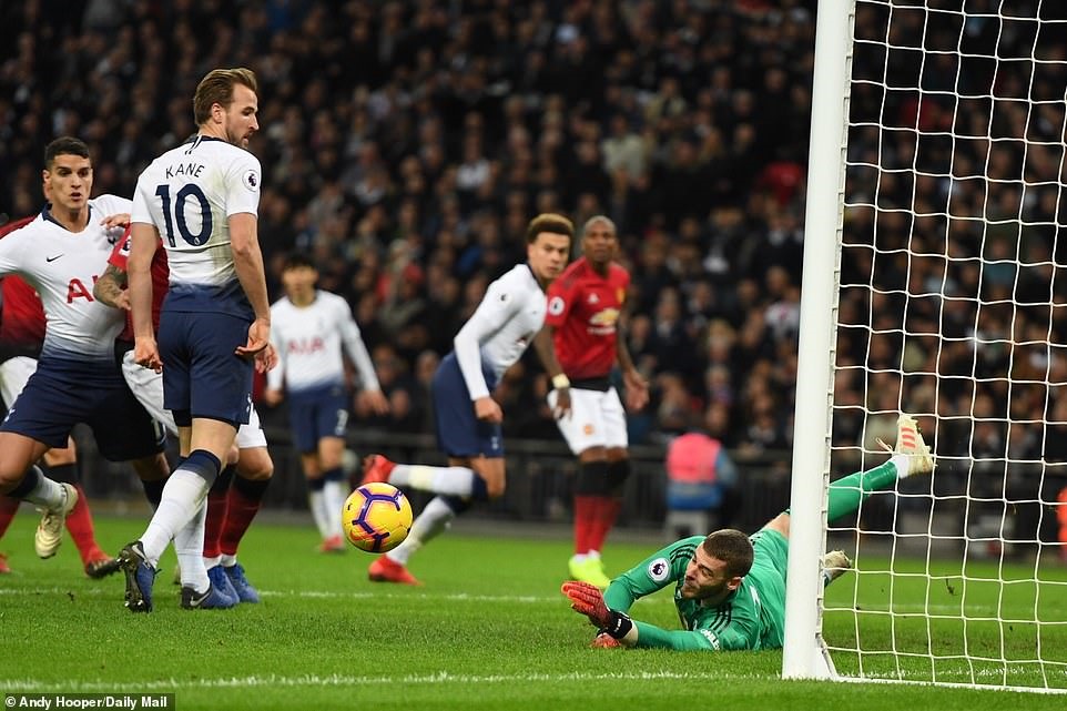 Một trong số những khoảnh khắc tỏa sáng của De Gea (áo xanh) khi đối đầu Tottenham. Ảnh: Daily Mail.
