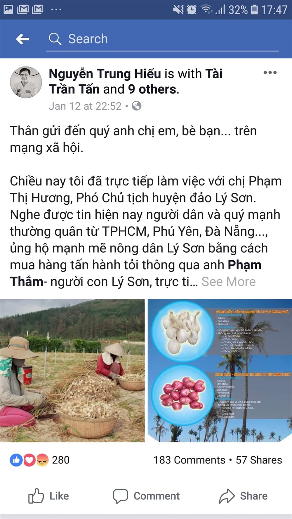 Anh Nguyễn Trung Hiếu kêu gọi hỗ trợ tiêu thụ hành, tỏi cho nông dân Lý Sơn trên facebook. (Ảnh chụp từ fb)
