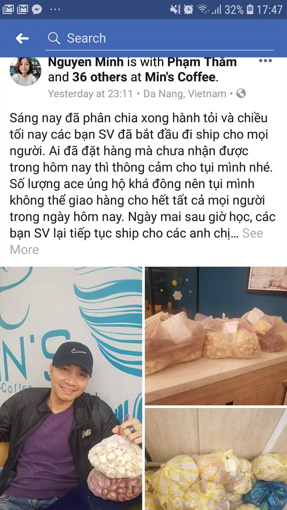 Anh Phạm Thắm nhận thu mua và tiêu thụ giúp bà con nông dân 10 tấn tỏi Lý Sơn. (Ảnh chụp từ FB)