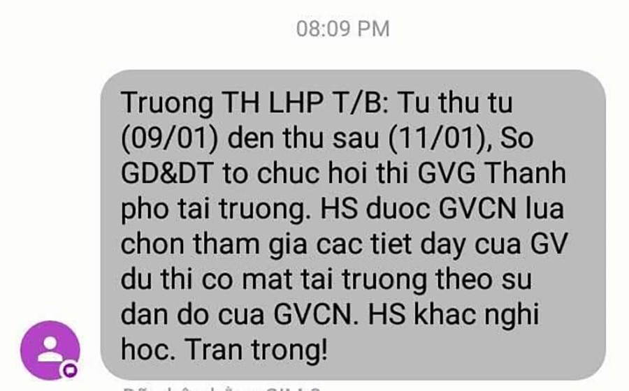 Tin nhắn nhà trường gửi phụ huynh học sinh. PHCC.
