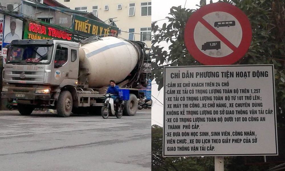 Xe chở bê tông ngang nhiên vi phạm trên đoạn đường có biển cấm trên phố Phùng Hưng, quận Hà Đông