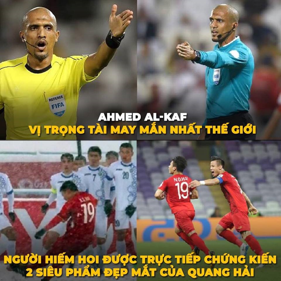 Trọng tài người Oman, Ahmed Al-Kaf - người từng cầm còi trận chung kết U23 châu Á giữa U23 Việt Nam và U23 Uzbekistan diễn ra hồi tháng 1/2018 - là trọng tài bắt chính trong trận đấu này. Fan chế ảnh Ahmaed đẹp trai bất chấp thời gian. 