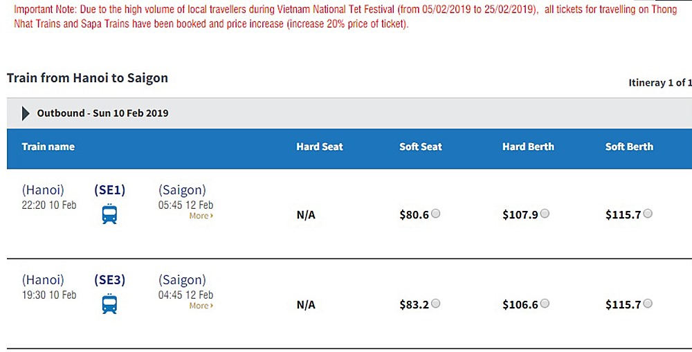 “Phụ thu” vé tàu Tết trên www.vietnam-rail...net là 20% trên giá vé.
