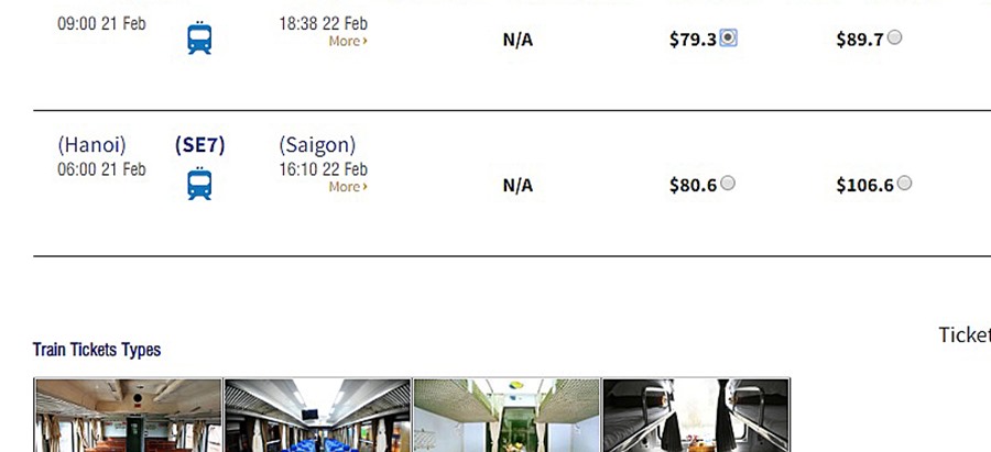 Trong khi mức giá vé tàu chuyến cùng ngày (21.2.2019) và cùng loại ghế ngồi trên www.vietnam-rail...net có giá thấp nhất là 79,3USD.