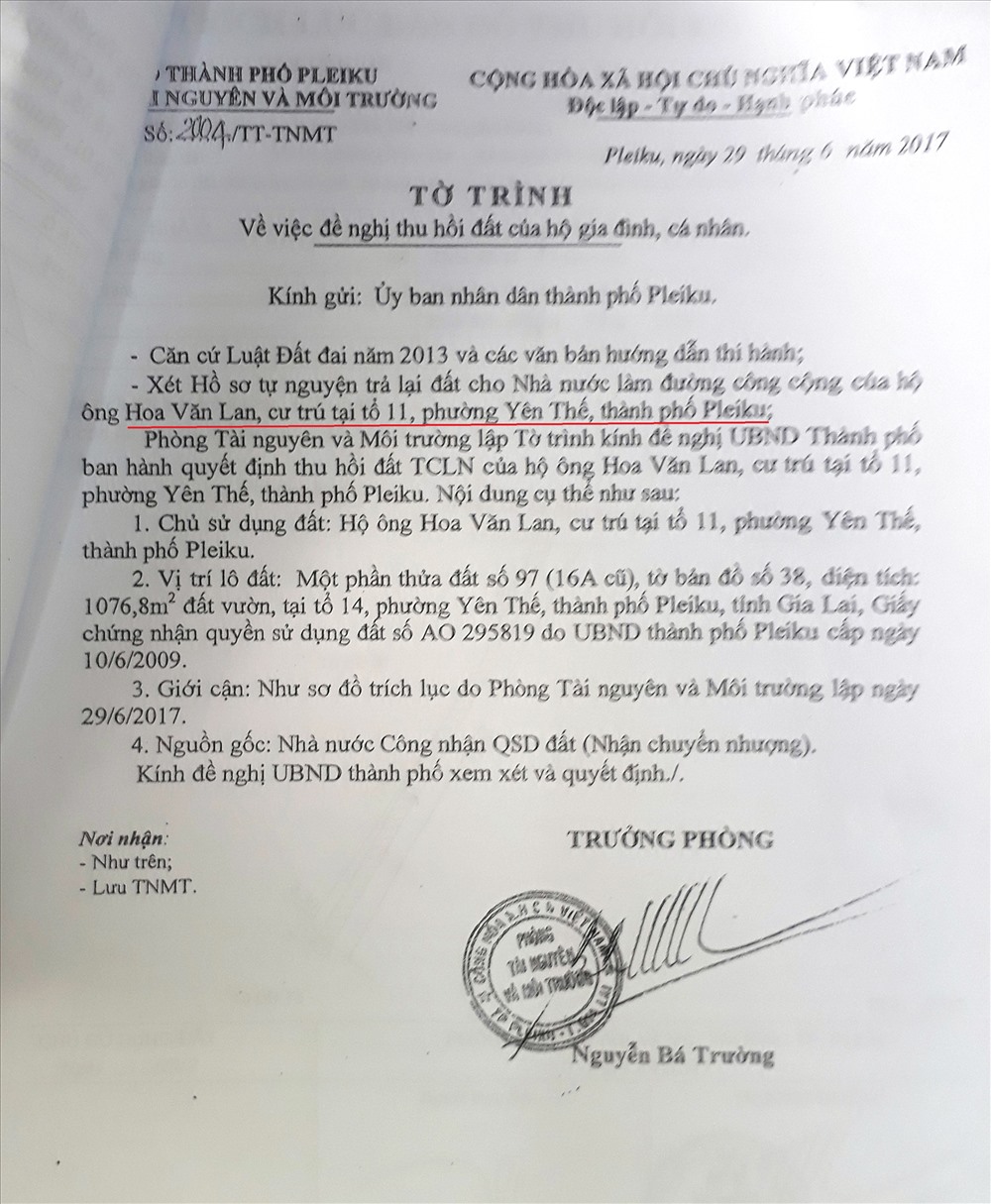 Ông Nguyễn Bá Trường - nguyên Trưởng phòng TNMT TP.Pleiku chính là người tiếp tay cho vợ bố phân lô, bán nền trục lợi. Ảnh UBND TP.Pleiku cung cấp.
