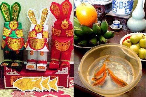 Bộ mũ quan và cá chép vàng là hai thứ không thể thiếu khi cúng ông Công, ông Táo.