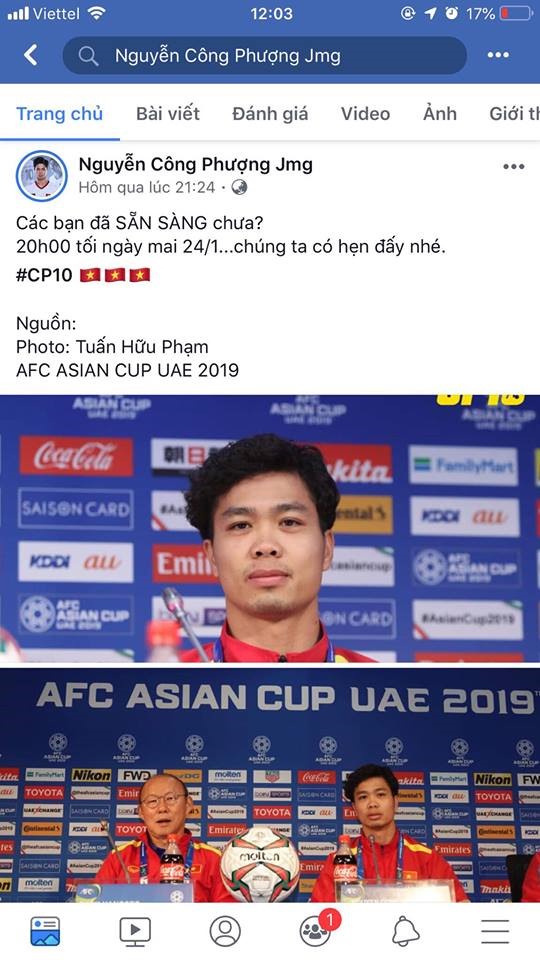  Công Phượng là cầu thủ có nhiều kinh nghiệm  khi đã có nhiều lần đối đầu với các đội Nhật Bản ở các cấp độ U19, U23. Chính cầu thủ này cũng là người ghi bàn thắng duy nhất trong trận đấu với Jordan, đem đến tấm vé vào tứ kết Asian Cup 2019. Công Phượng chia sẻ bức ảnh với “thuyền trưởng” Park Hang-seo trên Facebook cùng trạng thái nhắn gửi người hâm mộ ngay trước trận đấu với Nhật Bản tối nay (24.1): “Các bạn đã sẵn sàng chưa? 20h tối nay 24.1, chúng ta có hẹn đấy nhé!“. Có thể nói, Công Phượng vẫn có tâm thế khá tự tin.