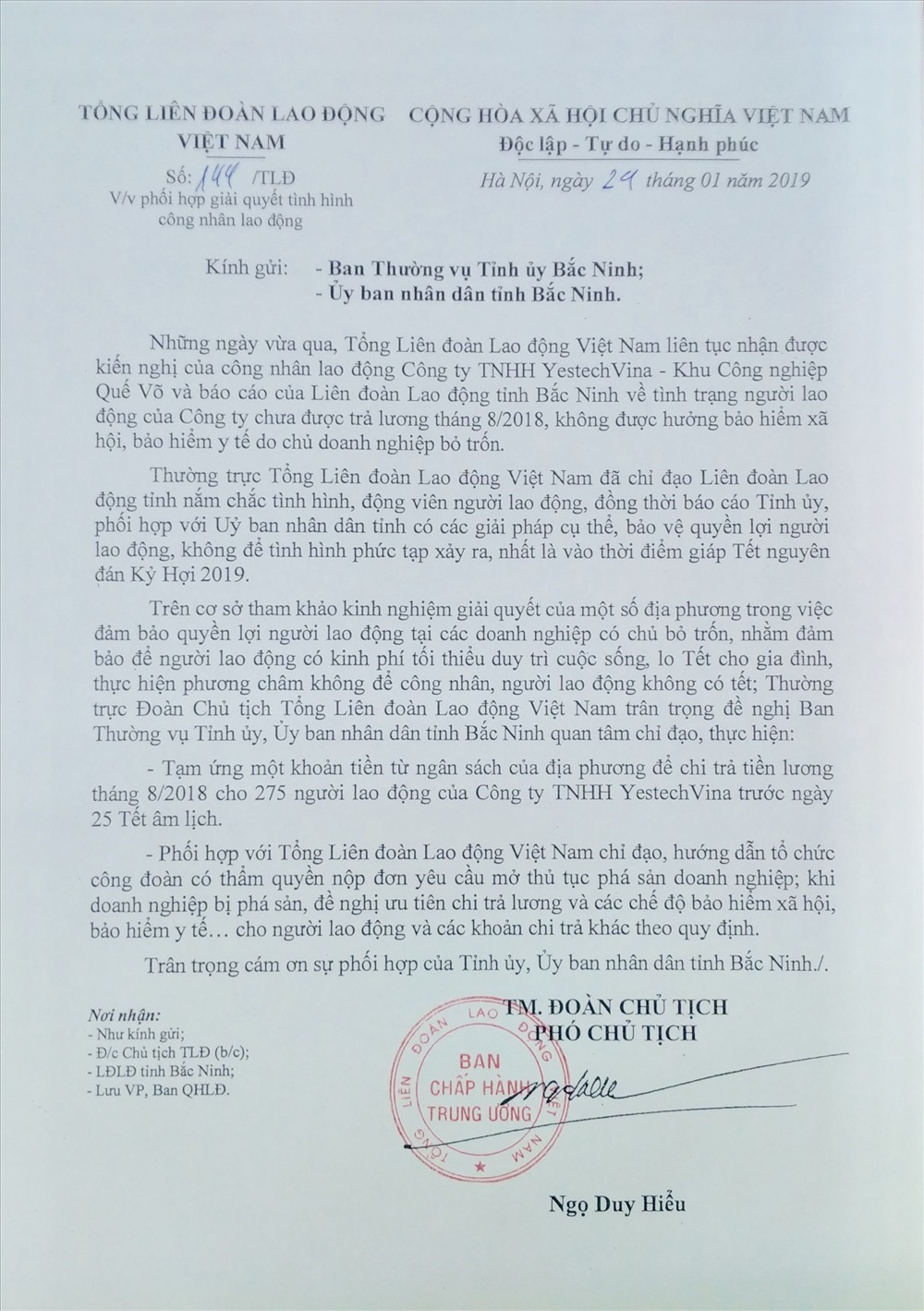 Văn bản của Đoàn Chủ tịch Tổng LĐLĐVN gửi lãnh đạo tỉnh Bắc Ninh để phối hợp bảo vệ quyền lợi NLĐ. Ảnh: B.C.Đ