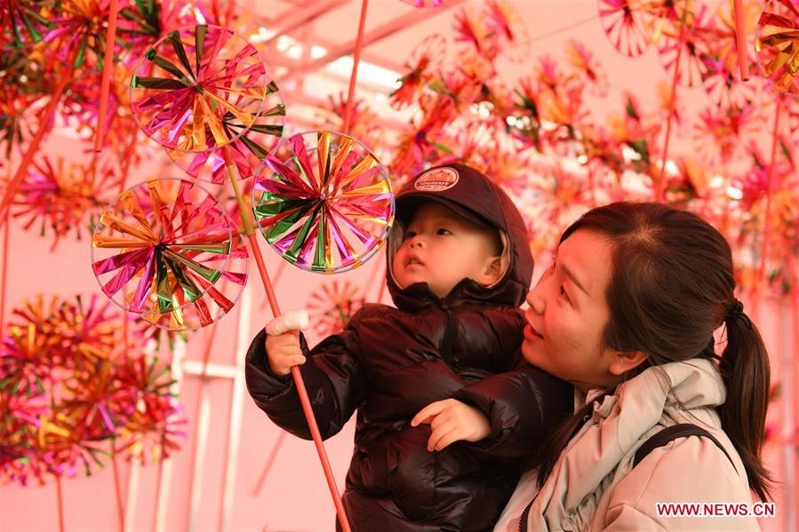 Một em bé theo mẹ đi chợ Tết ở tỉnh Hà Bắc, Trung Quốc.