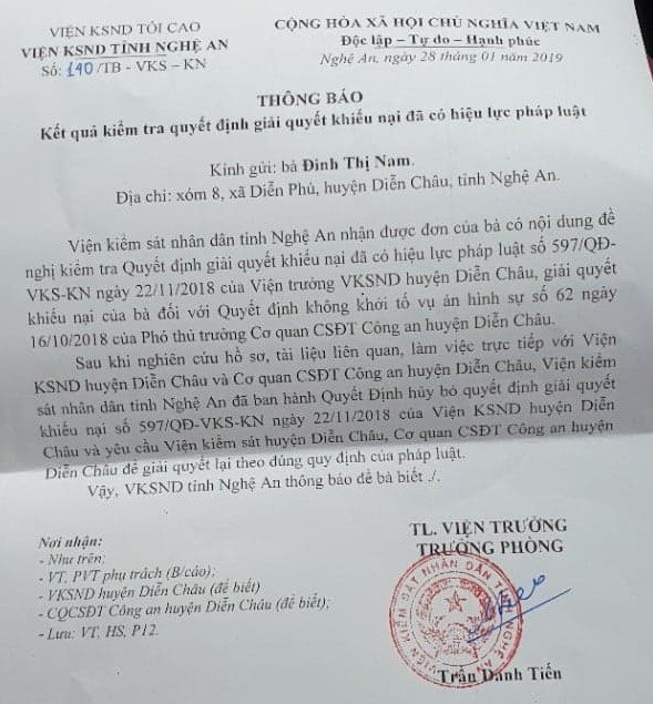 Viện KSND tỉnh Nghệ An thông báo đã hủy quyết định giải quyết khiếu nại của Viện KSND huyện Diễn Châu. Ảnh: PV