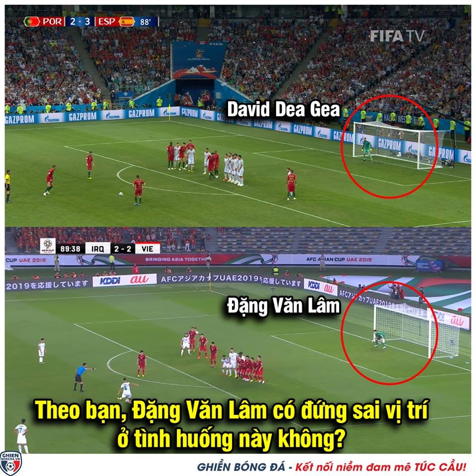 Cư dân mạng đã so sánh việc đứng vị trí của thủ thành Văn Lâm và thủ môn hàng đầu thế giới David De Gea là hoàn toàn giống nhau ở vị trí đá phạt như vậy. Tuy nhiên cú đá phạt của Ali Adnan là quá đẳng cấp và không thể cản phá. Ảnh: Ghiền bóng đá