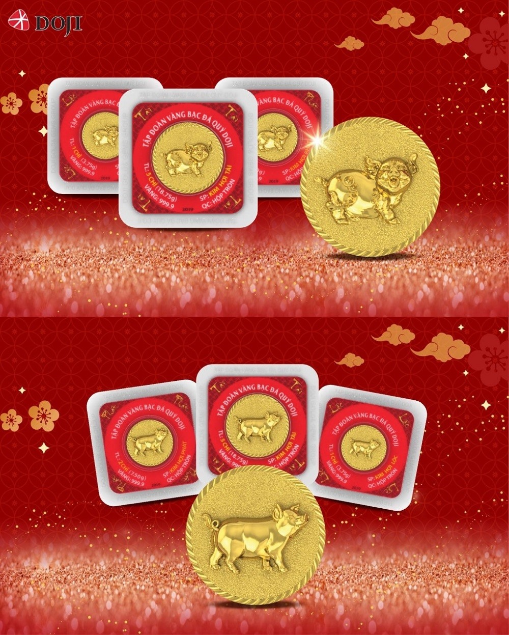 Tập đoàn vàng bạc đá quý Doji tung ra sản phẩm đồng Kim Hợi Chiêu Tài (trên) và đồng Kim Hợi Phát Lộc (dưới).