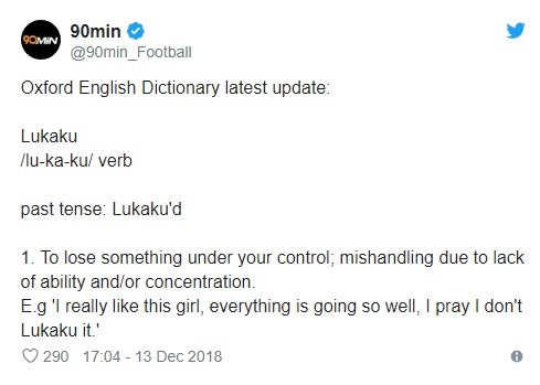 Thông báo về việc thêm từ “lukaku” của từ điển Oxford. Ảnh: Twitter.
