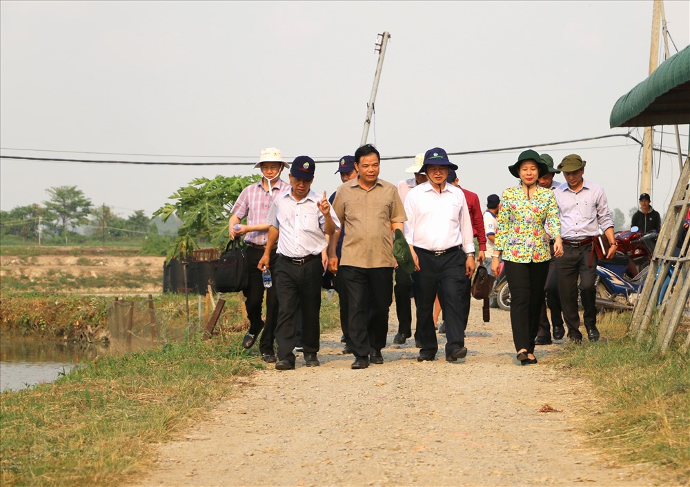Bộ trưởng Nguyễn Xuân Cường tham quan thực tế vùng nuôi cá tra ở An Giang. Ảnh: LT