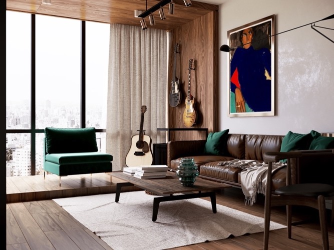 Ghế sofa màu xanh tạo điểm nhấn trong một phòng khách làm bằng gỗ.