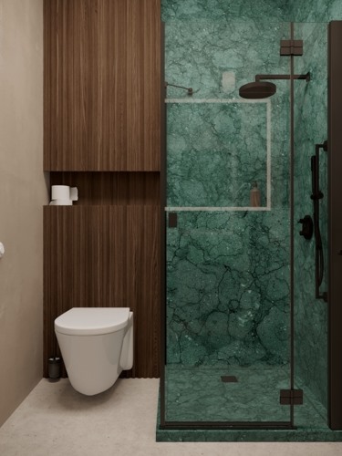 Màu xanh lá cây tiếp nối chủ đề trang trí phòng tắm tạo sự liền mạch trong thiết kế.