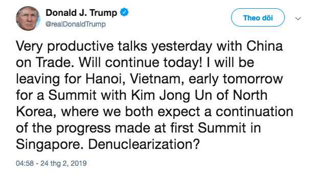 Tổng thống Mỹ Donald Trump thông báo sẽ lên đường tới Việt Nam vào sáng 25.2. 