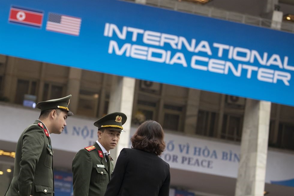 Trung tâm truyền thông quốc tế cho Hội nghị thượng đỉnh Mỹ - Triều Tiên lần 2 tại Cung văn hóa hữu nghị trên đường Trần Hưng Đạo, Hà Nội. Trung tâm chính thức bắt đầu hoạt động vào ngày 26.2. Ảnh: Korea Times.