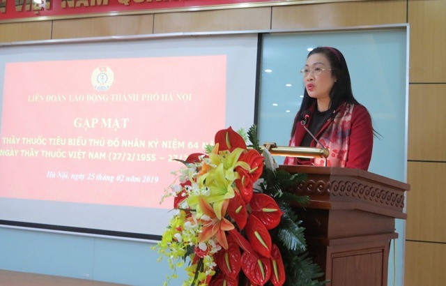 Chủ tịch CĐ Y tế VN Phạm Thanh Bình phát biểu tại buổi gặp mặt. Ảnh: Xuân Trường