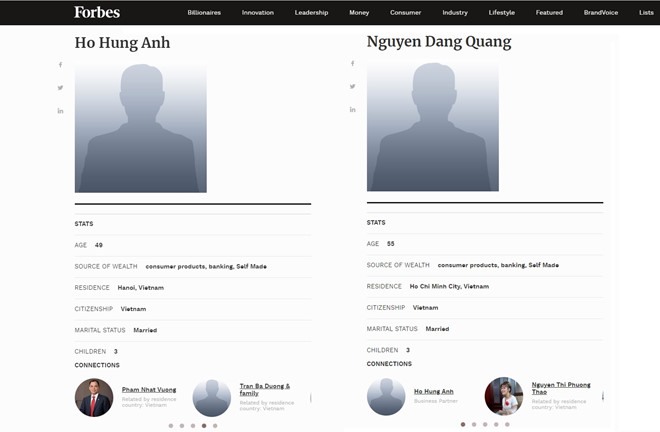 Những thông tin đầu tiên về 2 vị doanh nhân người Việt được Tạp chí Forbes cập nhật. Nguồn: Forbes.