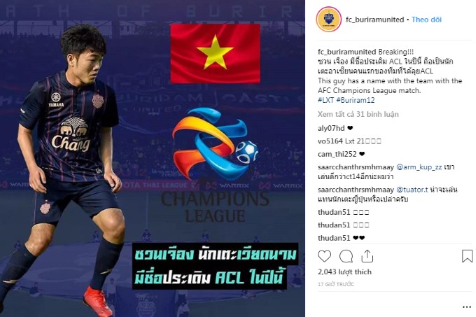 Mạng xã hội của Buriram phản ứng tích cực với thông tin Xuân Trường cùng đội bóng dự AFC Champions League (Ảnh: Buriram United)