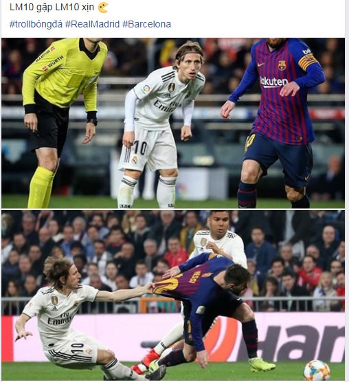 Khi M10 “fake” gặp M10 hàng “xịn“. Tình huống kèm người bằng cách kéo áo của Modric trước siêu sao Messi được cộng đồng mạng châm biếm. 