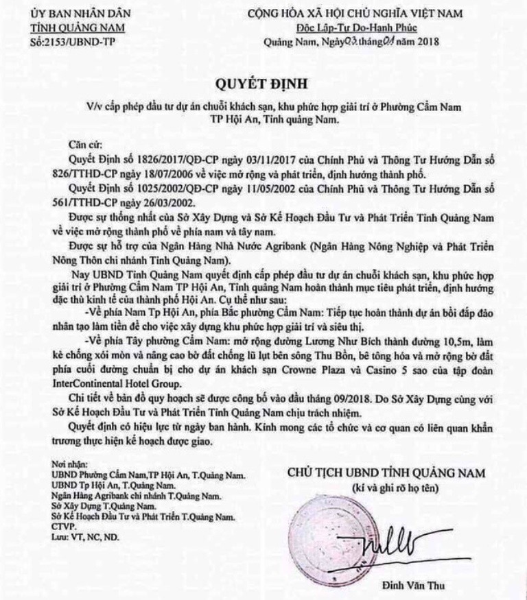 Văn bản giả mạo chữ ký của chủ tịch UBND tỉnh Quảng Nam nhằm thổi giá đất.