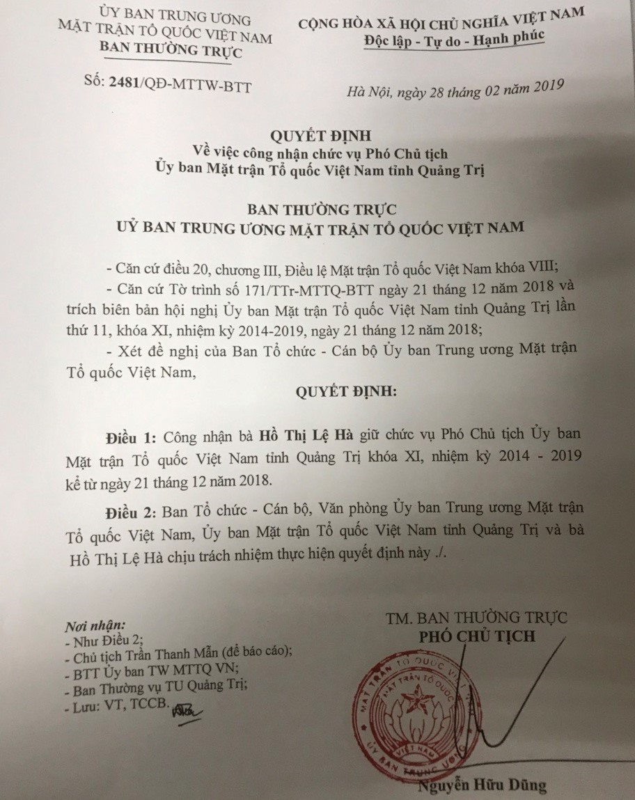 Bà Hồ Thị Lệ Hà được giữ chức Phó Chủ tịch UBMTTQVN tỉnh Quảng Trị từ ngày 21.12.2018. Ảnh: P.V