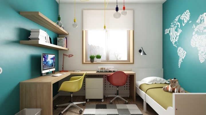 Phòng ngủ trẻ em sử dụng màu xanh sáng hơn phù hợp với sở thích của trẻ. 