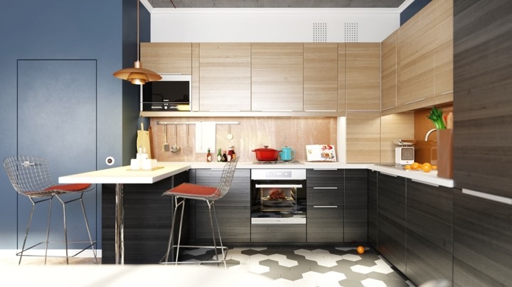 Tủ bếp gỗ kết hợp hai màu tương phản cùng đèn trang trí tạo thêm cảm hứng khi vào bếp. 