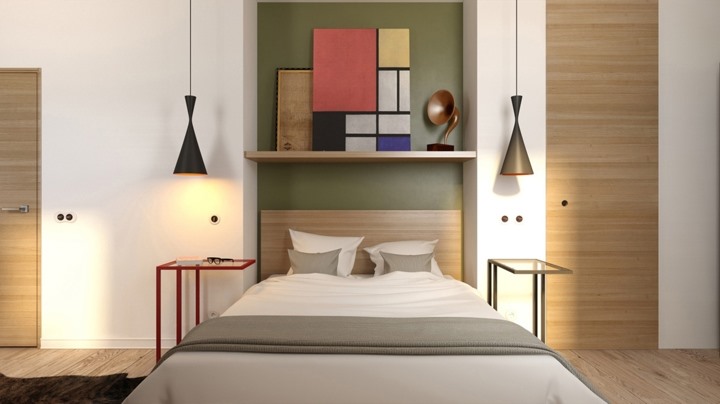 Phòng ngủ chính sử dụng nhiều màu sắc tươi sáng hơn.