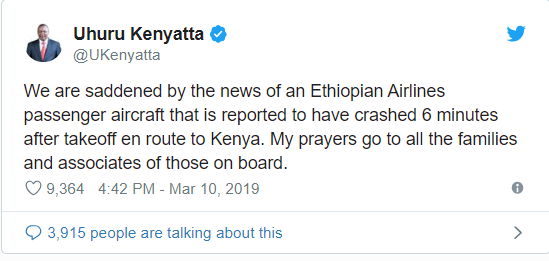 Tổng thống Kenya Uhuru Kenyatta đã cầu nguyện cho các thành viên gia đình của những nạn nhân trên chuyến bay.