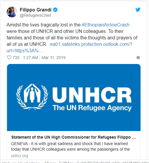 UNICEF Italy đã gửi một thông điệp chia buồn: “Chia buồn với thảm kịch trên không diễn ra vài giờ trước tại #Ethiopia. Trong số nhiều nạn nhân có Paolo Dieci, chủ tịch của đối tác @CISPorg tại UNICEF ở Kenya Lebanon và Algeria”.