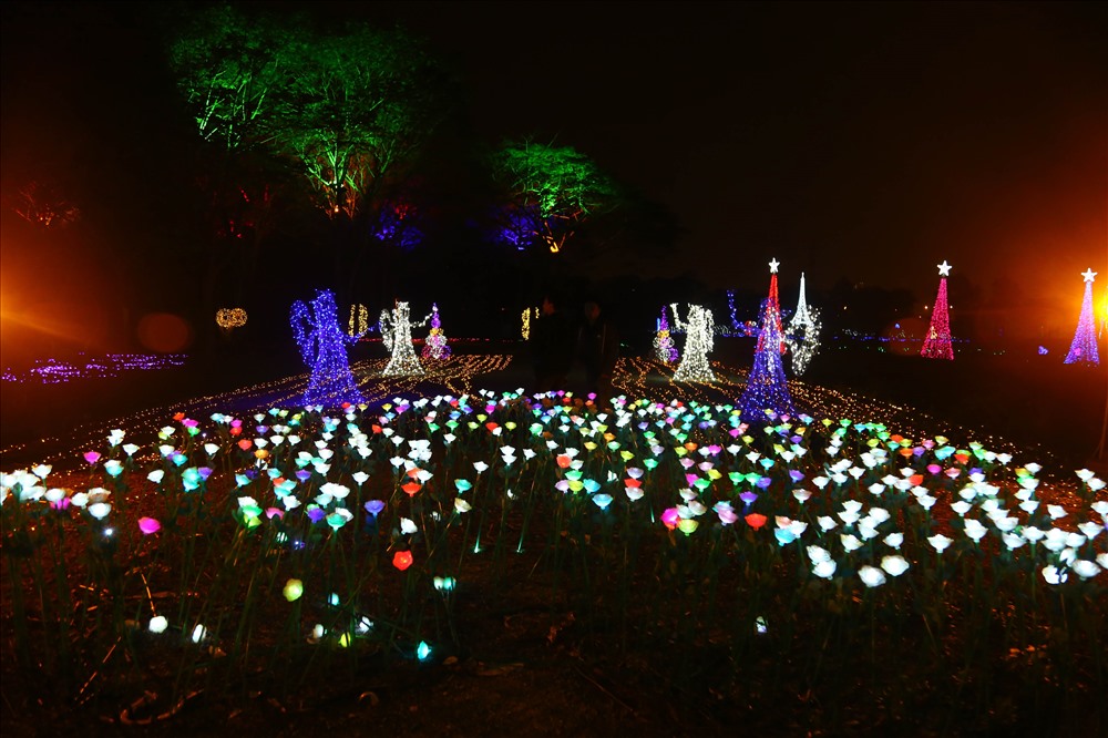 Khu vườn ánh sáng đã sử dụng tới hàng triệu bóng đèn led, bóng đèn thắp sáng để tạo khung cảnh 3D huyền ảo cho một vùng không gian rộng lớn từ cổng chào, hình khối, hình con vật cho đến lồng đèn điện treo cây...
