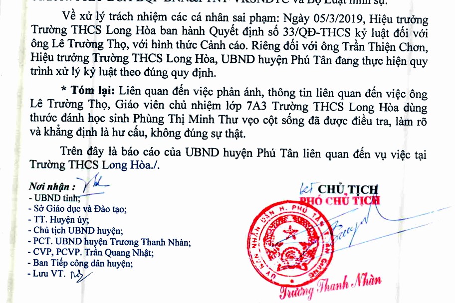 Công văn khẳng định thông tin thầy giáo ở An Giang đánh học sinh vẹo cột sống là hư cấu. Ảnh: Lục Tùng