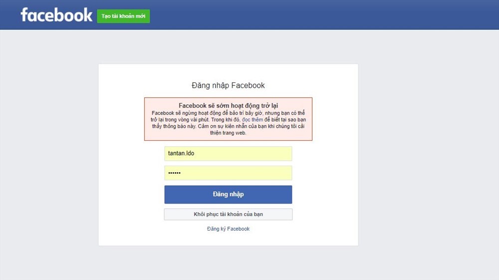 Người dùng Việt Nam gặp khó khăn khi đăng nhập vào facebook. Ảnh chụp màn hình.