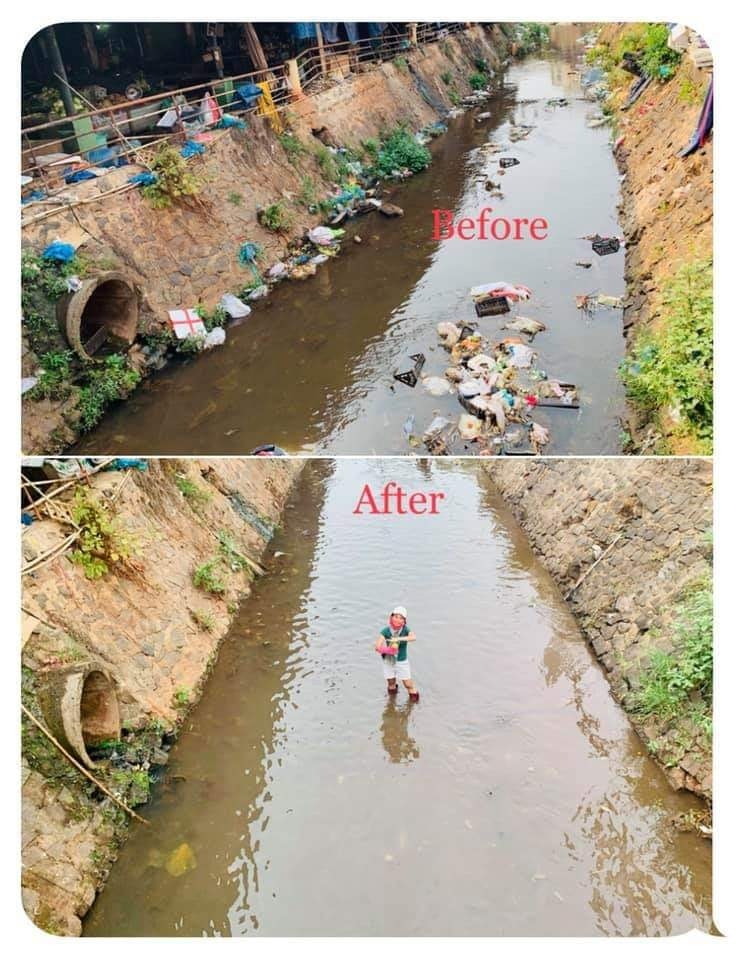 Một đoạn của dòng suối bên chợ Lộc Ninh đã được dọn dẹp sạch. Ảnh NVCC