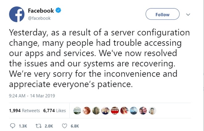 Facebook “hé lộ” nguyên nhân hệ thống bị tê liệt. 